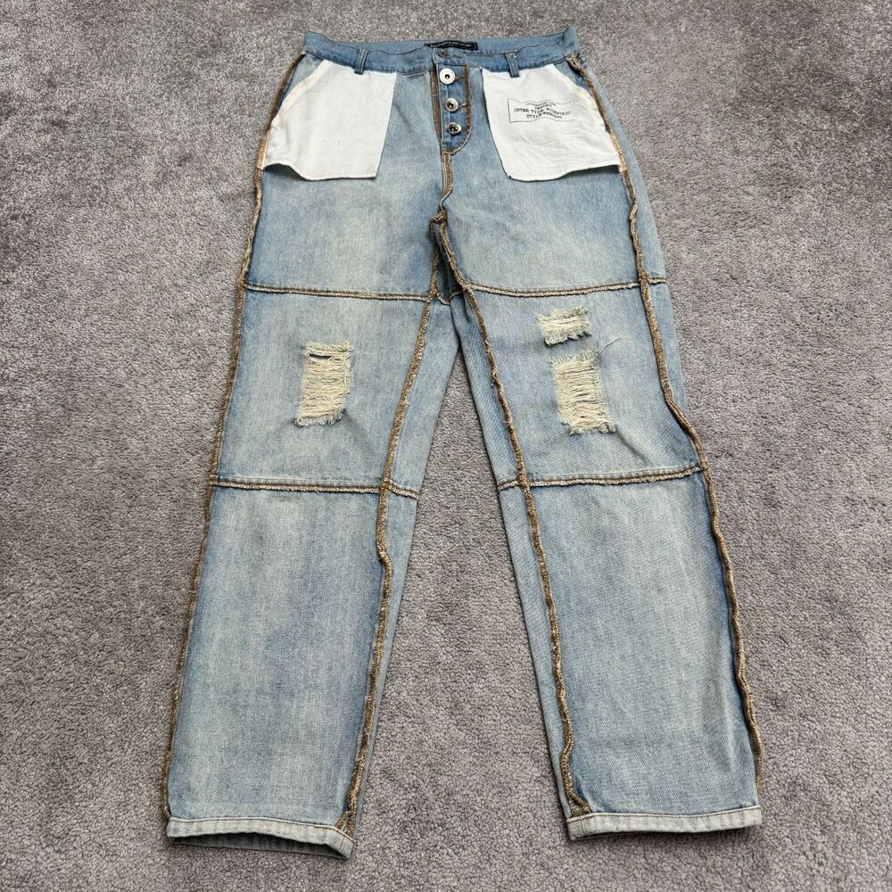 Maniere De Voir Eccentric Inside Out Denim Jeans Women 10 Black Distressed Raw